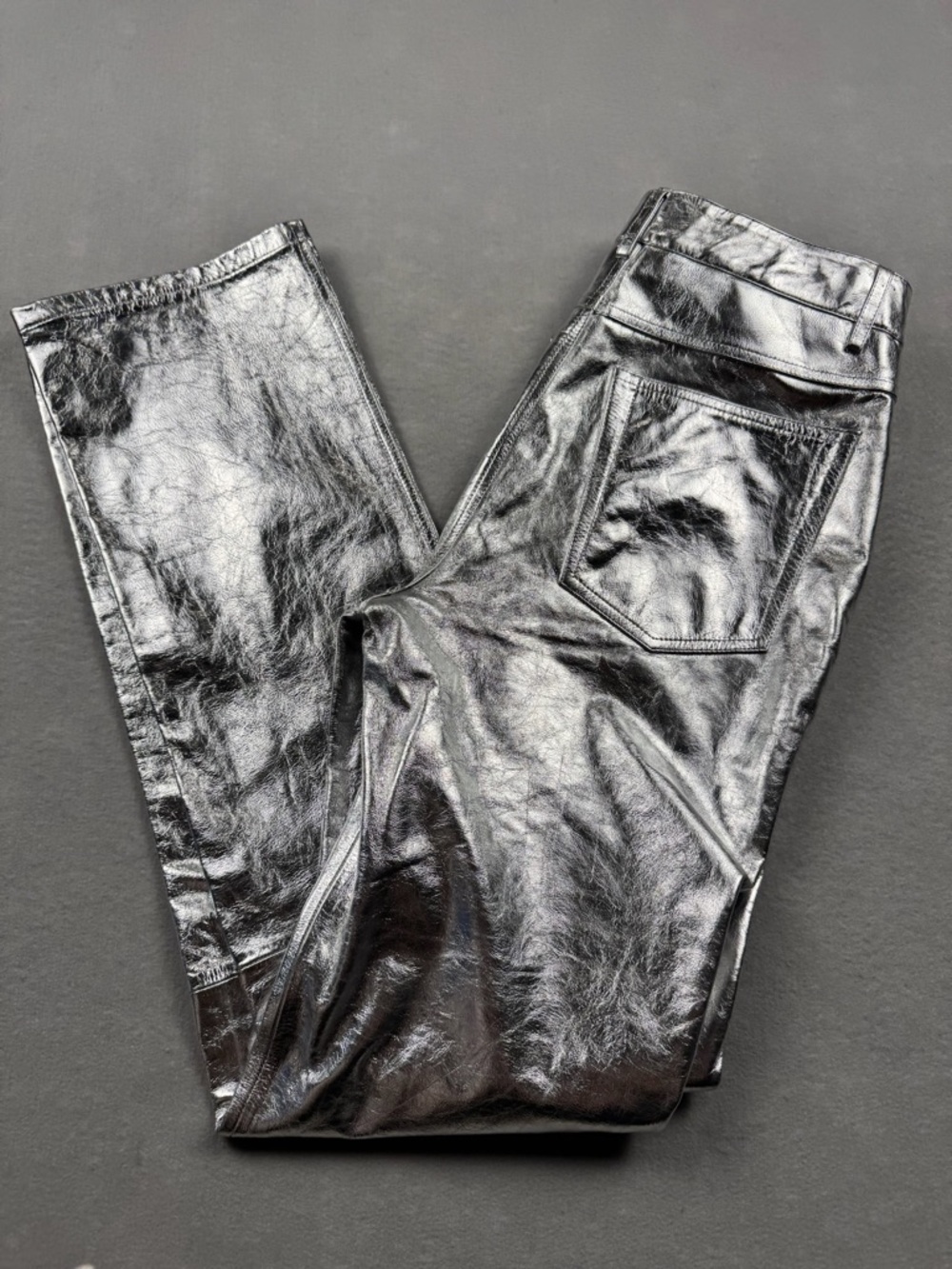 Helmut Lang Silver Metallic Leather Pants VTG Y2K Straight Leg Luxe Size 4